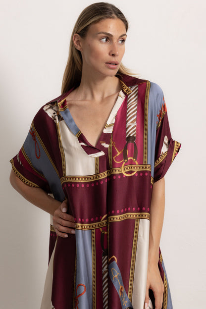 Retro Equestrian Print Shirt Midi Dress