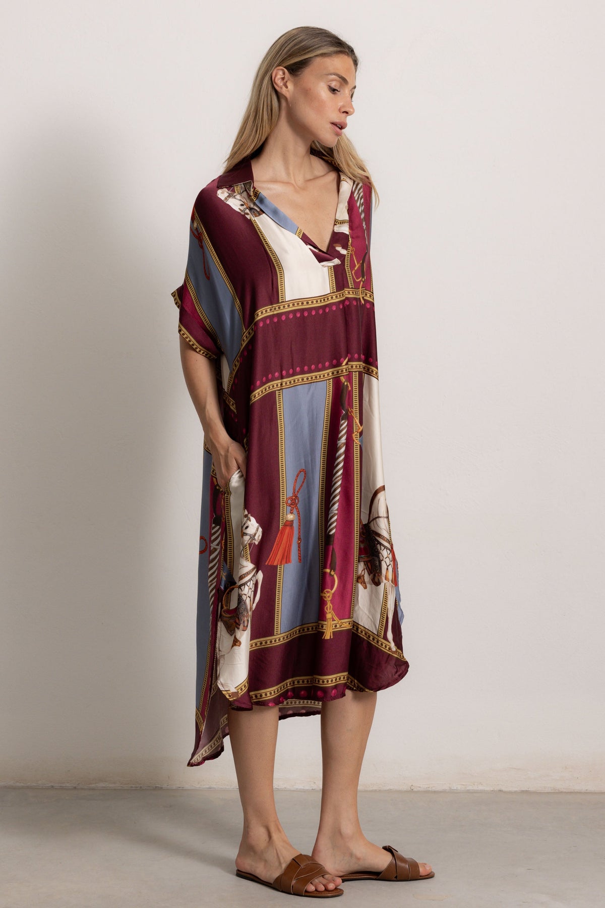 Retro Equestrian Print Shirt Midi Dress