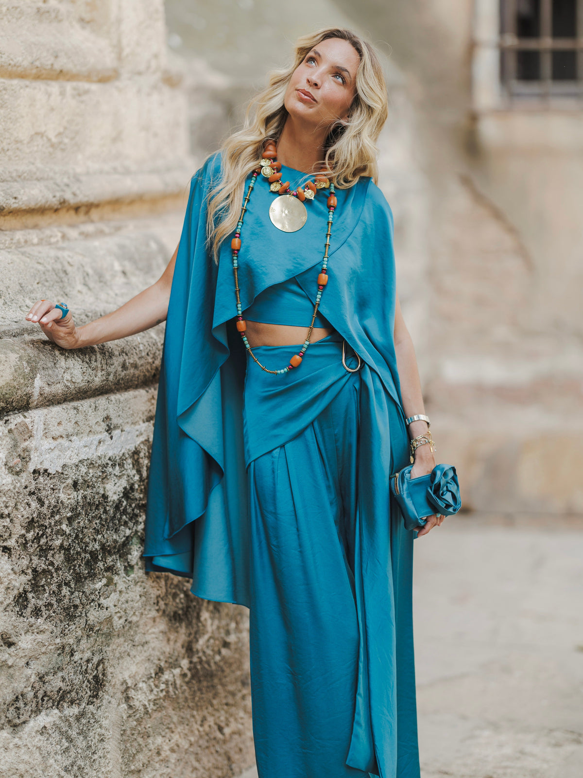 Elegant Cape Top & Draped Wide-Leg Pants Two-Piece Set