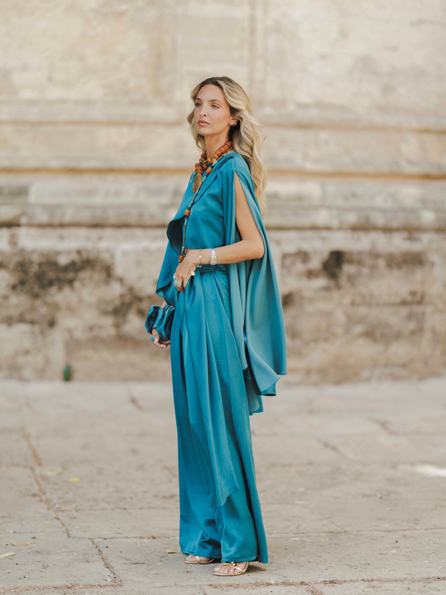 Elegant Cape Top & Draped Wide-Leg Pants Two-Piece Set