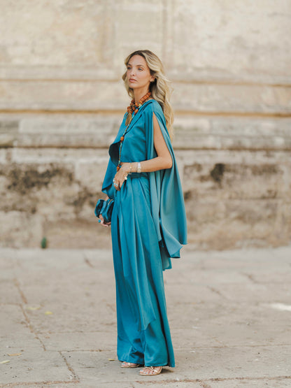 Elegant Cape Top & Draped Wide-Leg Pants Two-Piece Set