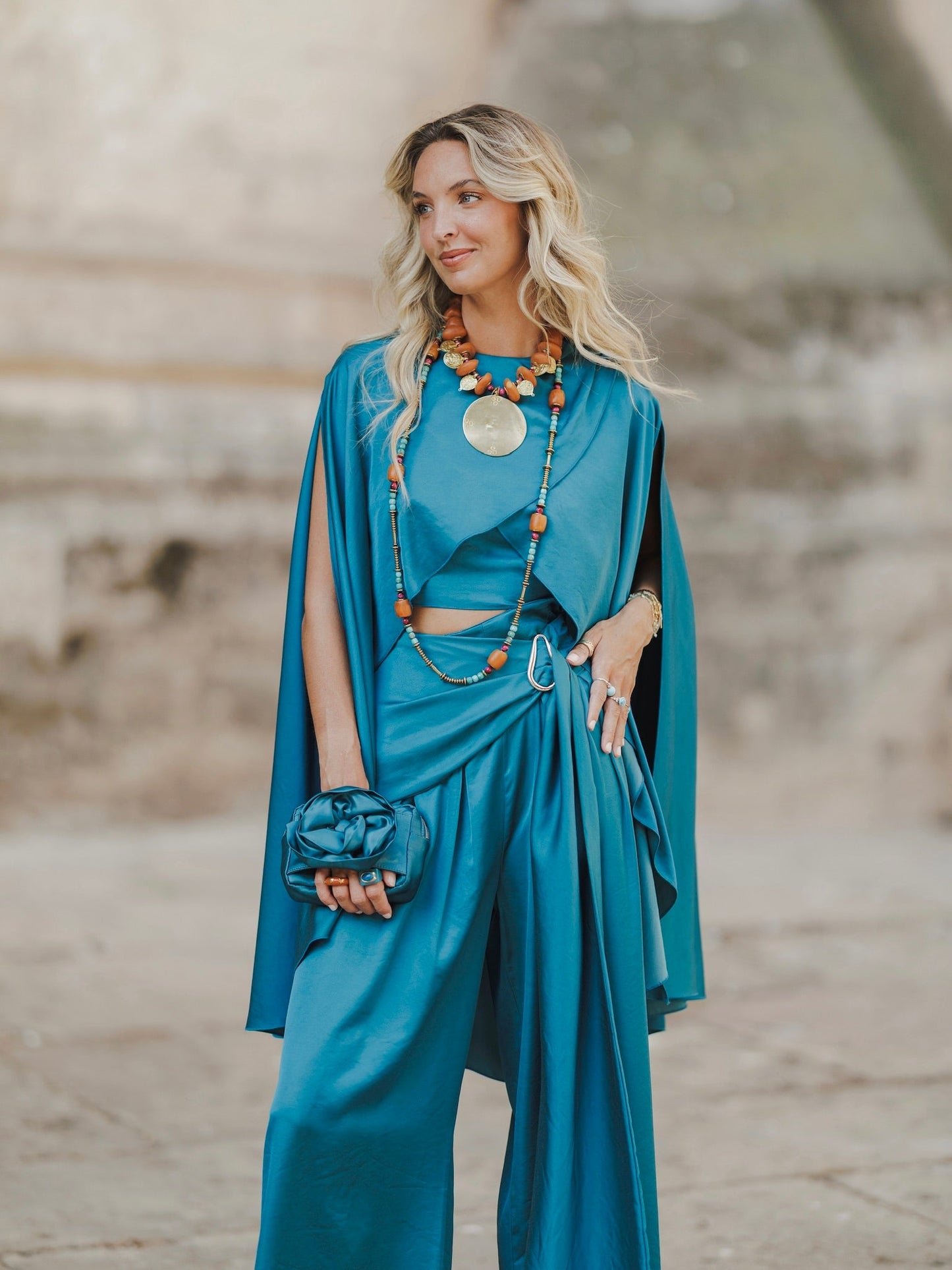 Elegant Cape Top & Draped Wide-Leg Pants Two-Piece Set