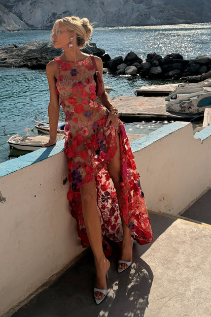 Sexy Embroidered Mesh High-Low Maxi Dress