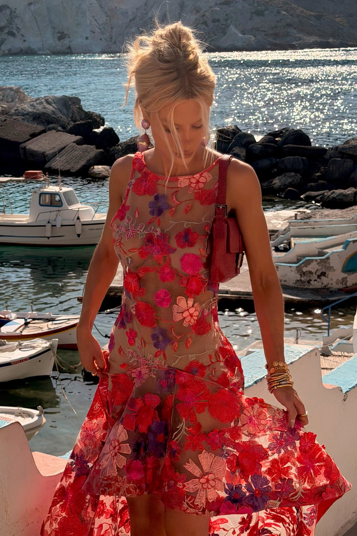 Sexy Embroidered Mesh High-Low Maxi Dress