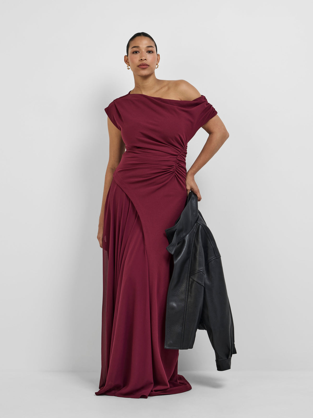 Elegant Off-Shoulder Draped Bodycon Evening Maxi Dress