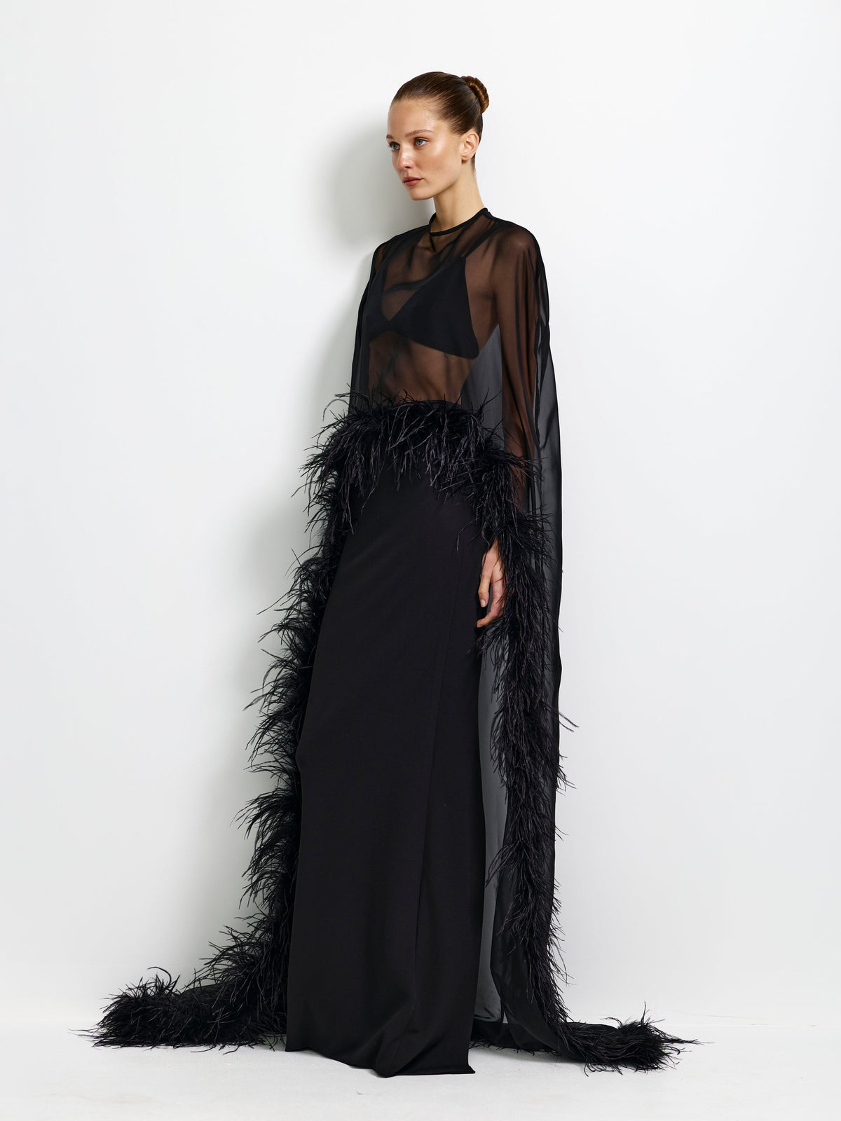 Elegant Sheer Feather Trim Top & Mermaid Maxi Skirt Two-Piece Set