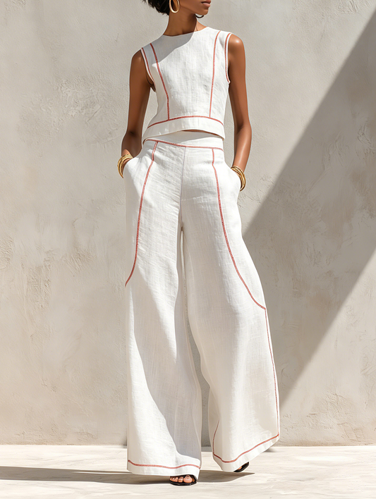Minimalist Contrast Stitch Shirt & Wide-Leg Pants Set