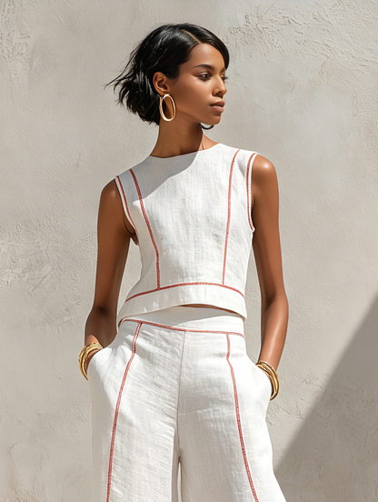 Minimalist Contrast Stitch Shirt & Wide-Leg Pants Set