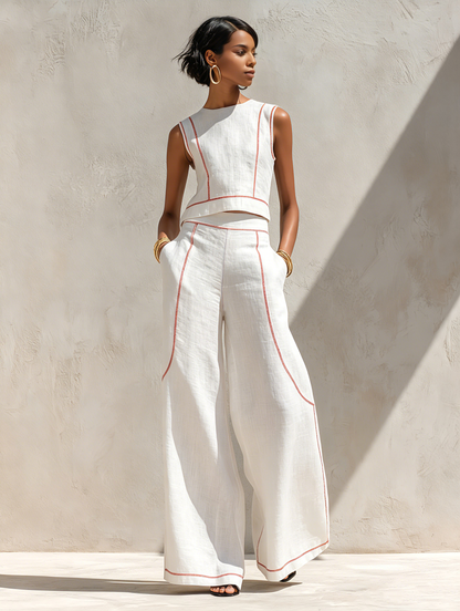 Minimalist Contrast Stitch Shirt & Wide-Leg Pants Set