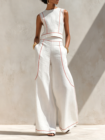 Minimalist Contrast Stitch Shirt & Wide-Leg Pants Set