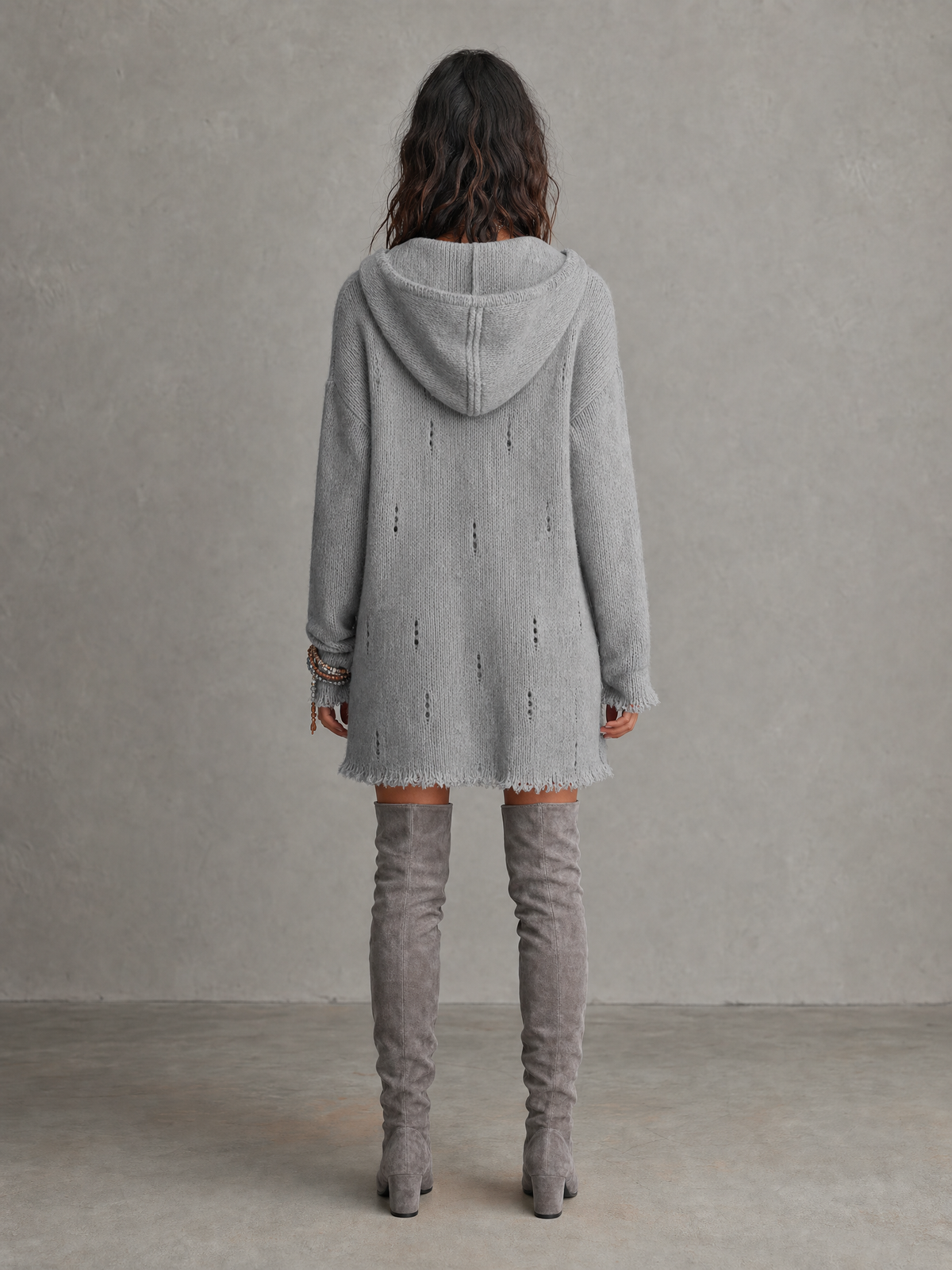 Casual Open-Knit Hooded Long Sleeve Mini Dress
