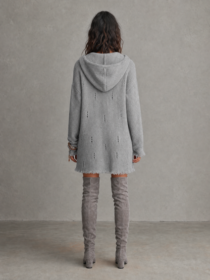 Casual Open-Knit Hooded Long Sleeve Mini Dress
