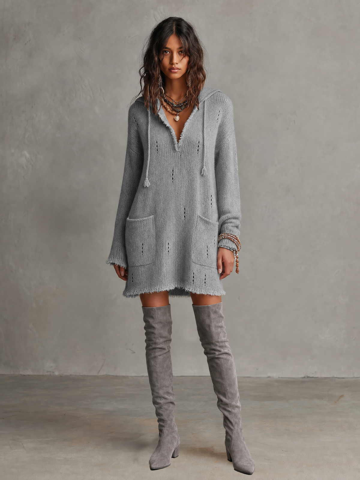 Casual Open-Knit Hooded Long Sleeve Mini Dress