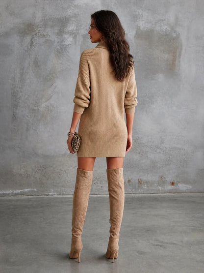 Casual Half-Zip Pocket Knit Sweater Mini Dress