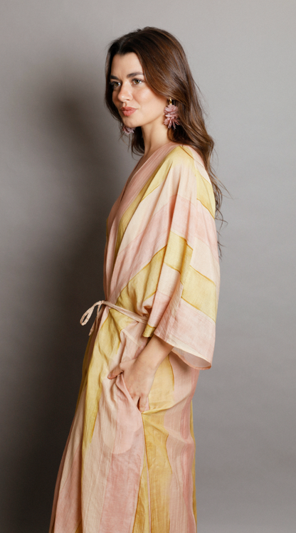 Casual Stripe Print Tie-Waist Kaftan Maxi Dress