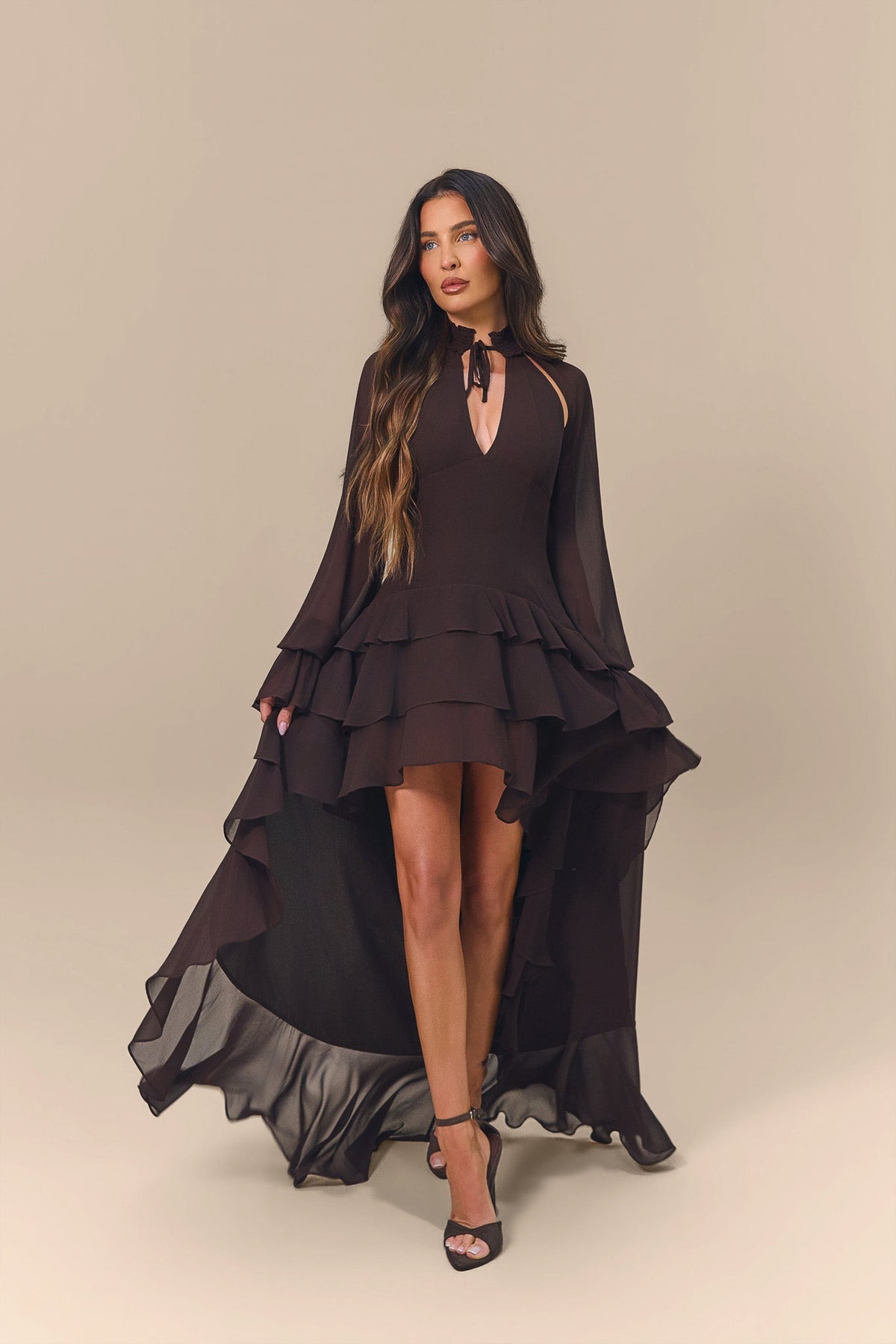Elegant Tiered Ruffle Chiffon High-Low Mini Dress