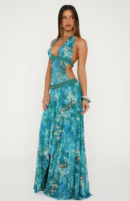 Sexy Backless V-Neck Tie-Dye Chiffon Maxi Dress