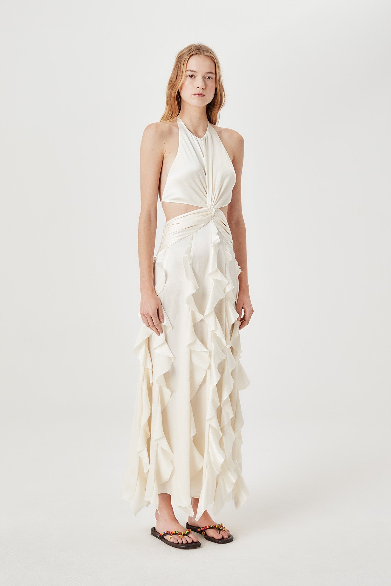 Elegant Halter Neck Ruffled Cutout Maxi Dress