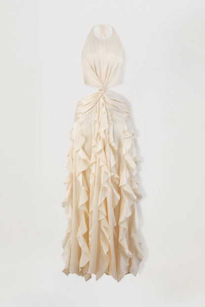 Elegant Halter Neck Ruffled Cutout Maxi Dress