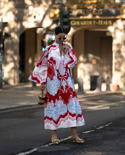 Retro Baroque Print High-Neck Kaftan Maxi Dress