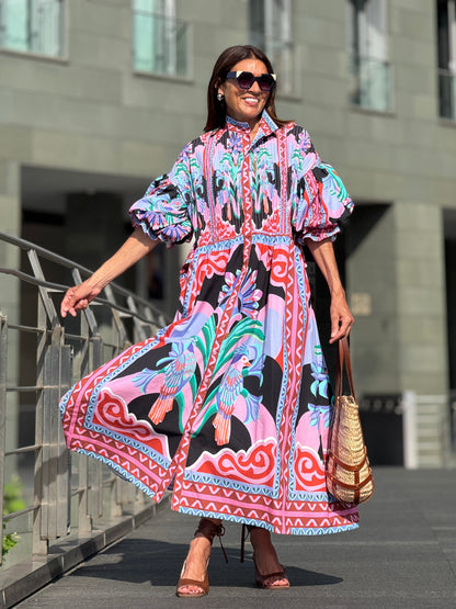 Retro Vibrant Tropical Floral Print Midi Dress