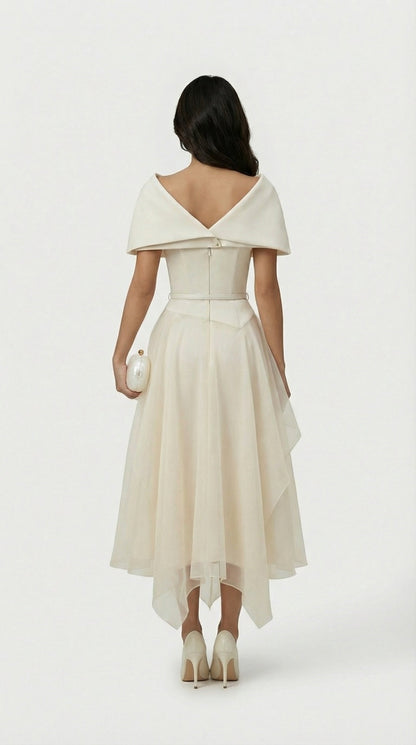 Elegant Off-Shoulder Pleated Midi Dress