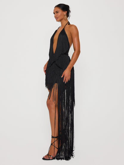 Sexy Halter Neck Fringe Asymmetrical Mini Dress