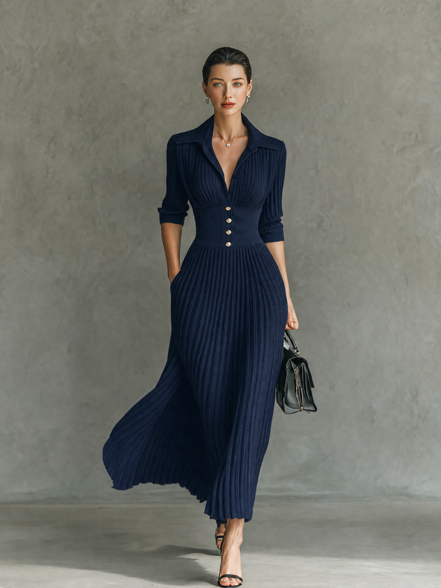 Elegant Button-Front Lapel Knit Maxi Dress