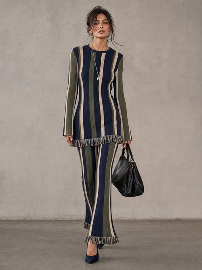 Minimalist Vertical-Stripe Knit Two-Piece Set