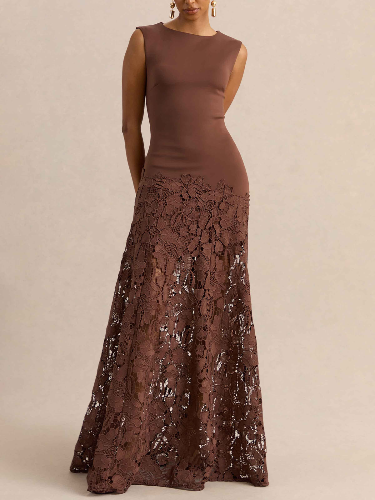 Elegant Sleeveless Lace Panel Mermaid Maxi Dress