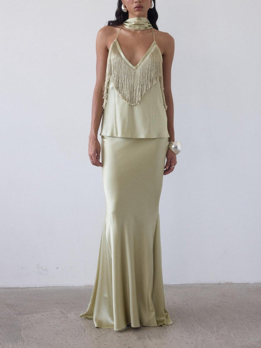 Elegant Fringe Shawl Top & Satin Maxi Skirt Three-Piece Set