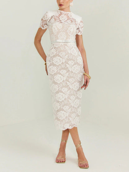 Elegant Floral Lace Belted Midi Dress