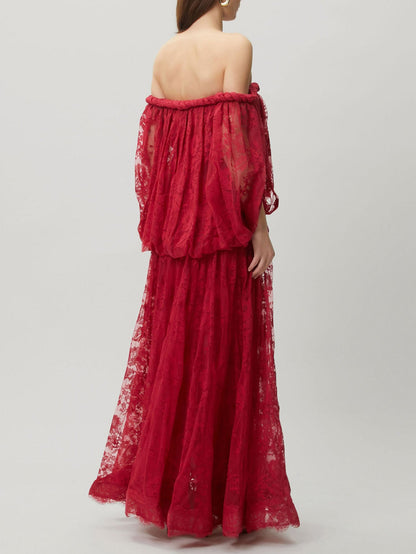 Sexy Braided Trim Deep V-Neck Flowing Lace Maxi Dress