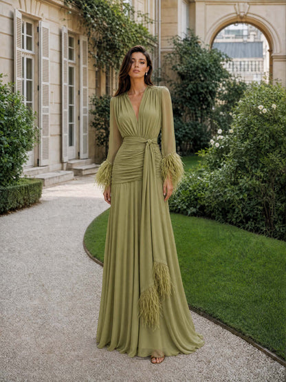 Elegant V-Neck Feather Cuff Flowing Chiffon Maxi Dress