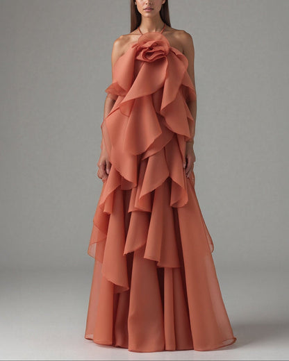 Elegant  3D Flower Ruffle Halter Maxi Dress