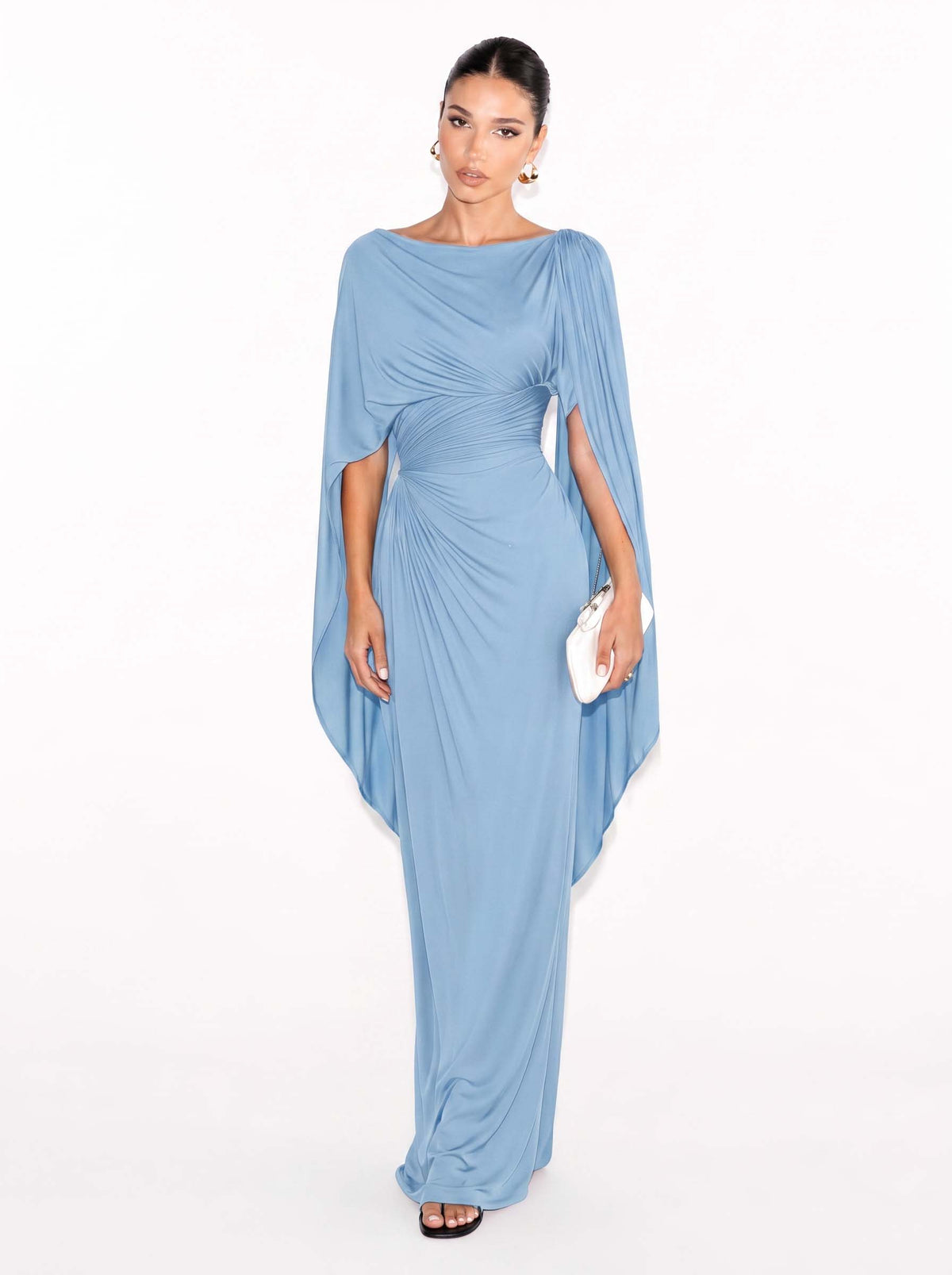 Boat Neck Pleated Slim Fit Maxi Dress