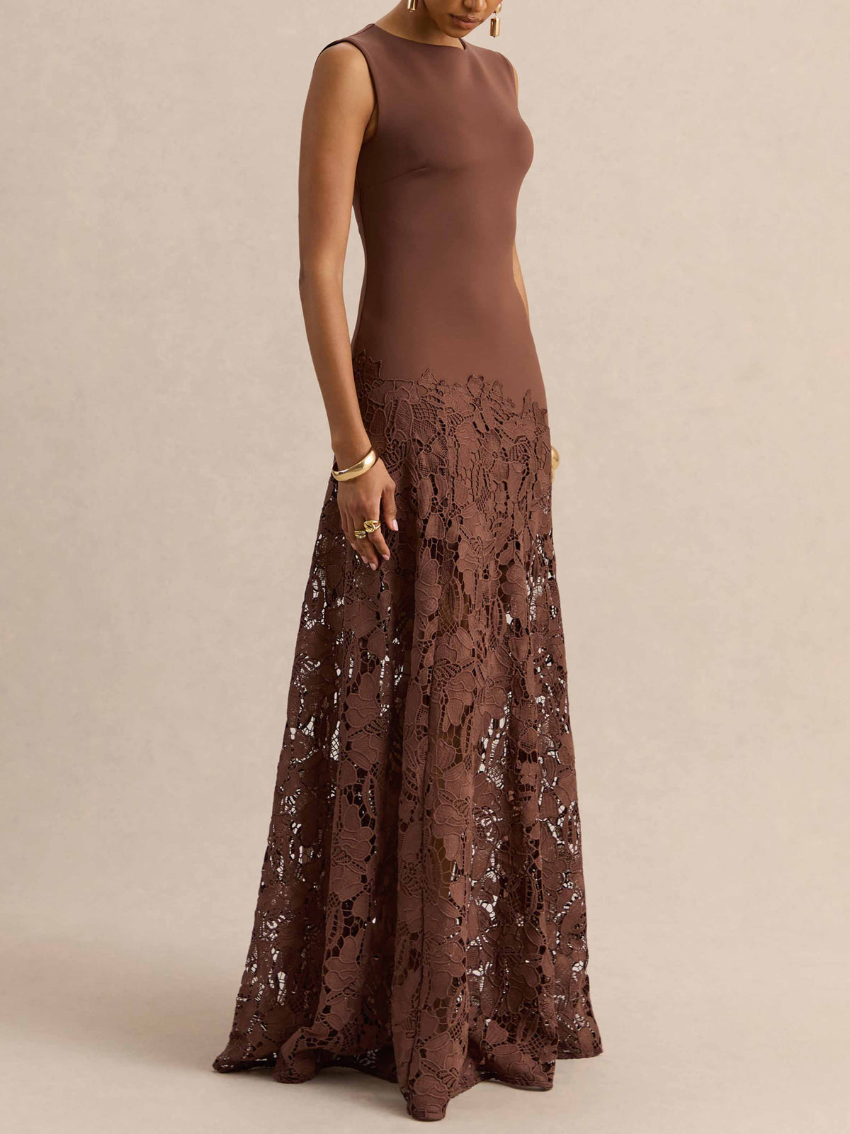 Elegant Sleeveless Lace Panel Mermaid Maxi Dress