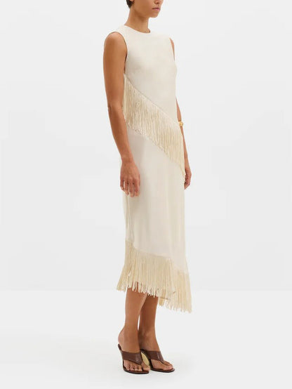 Elegant Beige Satin Fringe Sleeveless Midi Dress