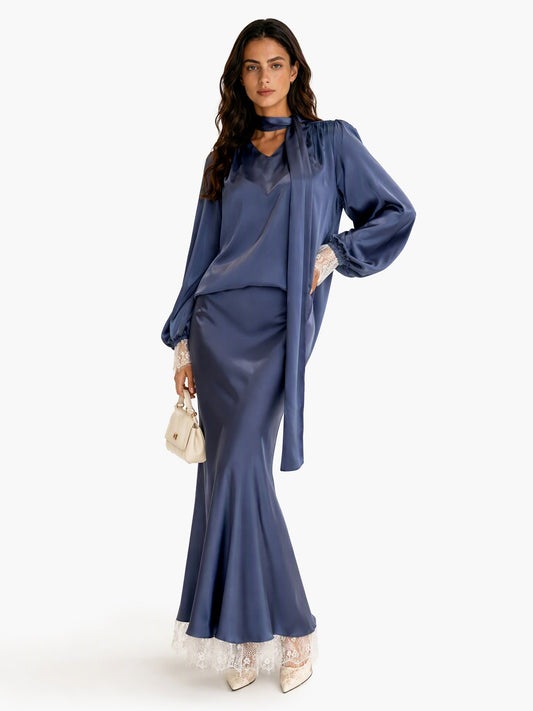 Elegant Puff Sleeve Satin Top & Lace Trim Maxi Skirt Two-Piece Set