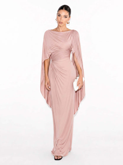 Boat Neck Pleated Slim Fit Maxi Dress