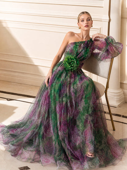 Elegant Floral Print Ruched One-Shoulder Sheer Maxi Dress