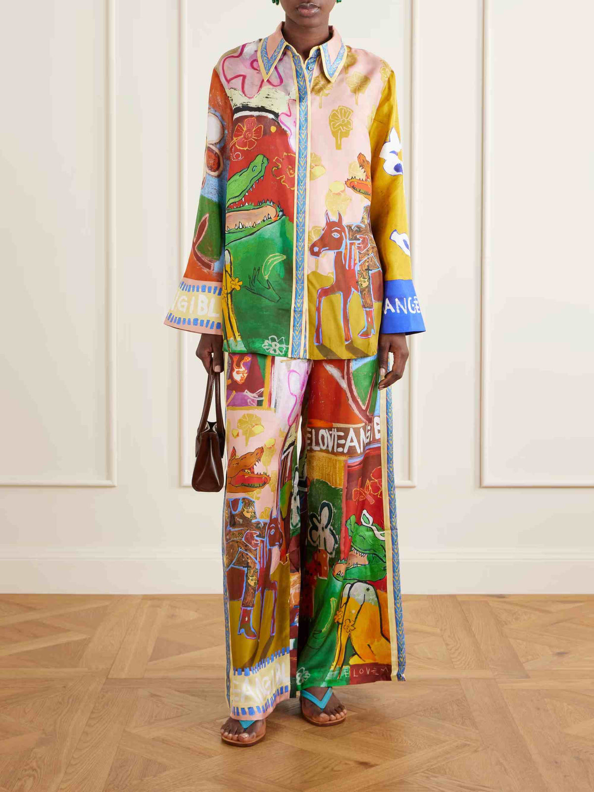 Unique Abstract Graffiti Animal Print Satin Two-Piece Set