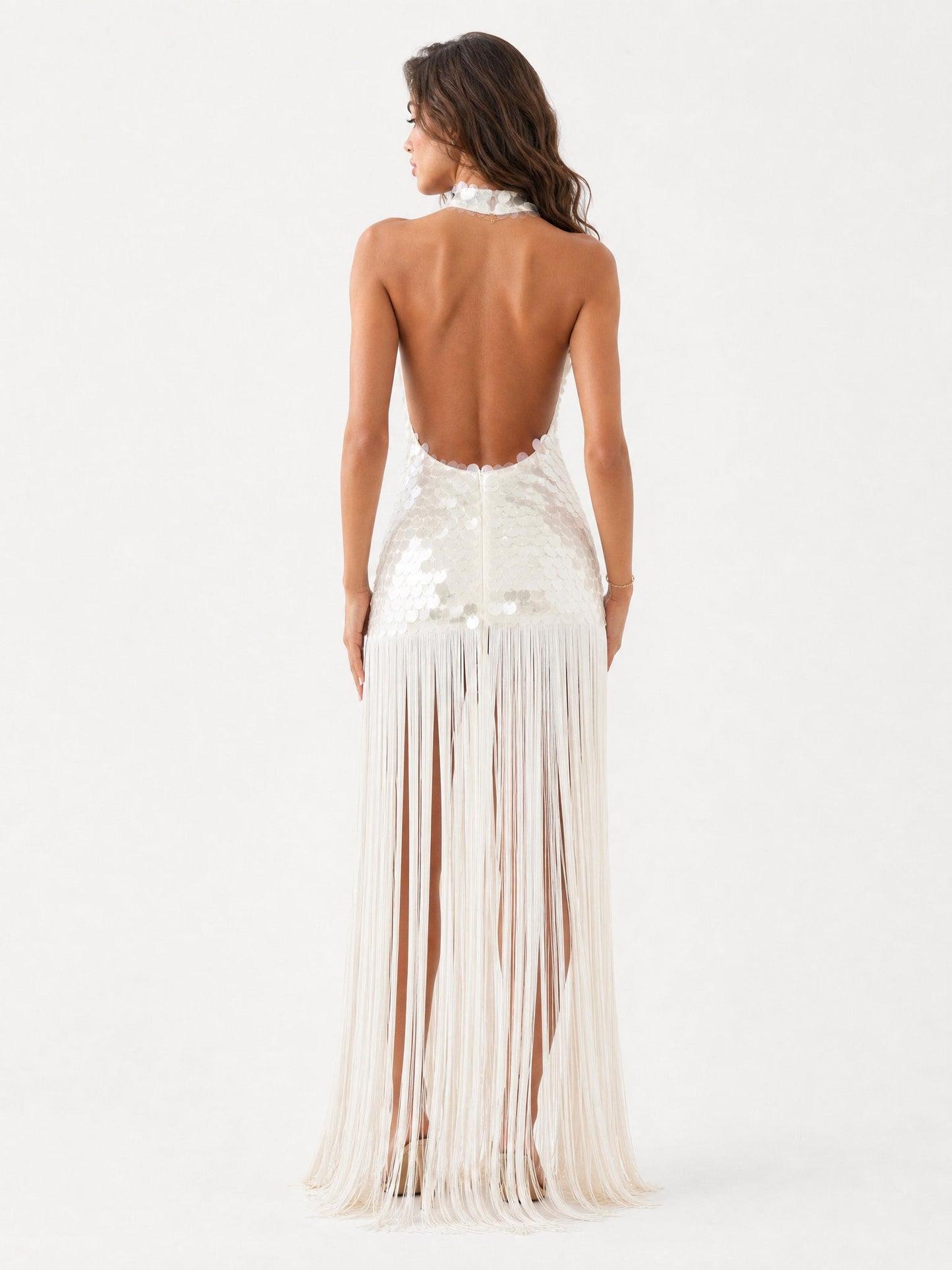 Elegant Sequin Backless Sleeveless Fringe Maxi Dress