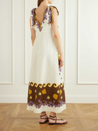 Retro Tropical Print Tie-Neck Maxi Dress