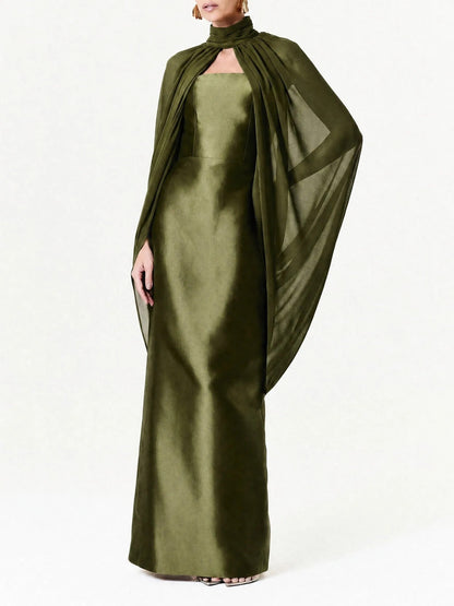 Elegant Satin Strapless Maxi Dress with Chiffon Cape