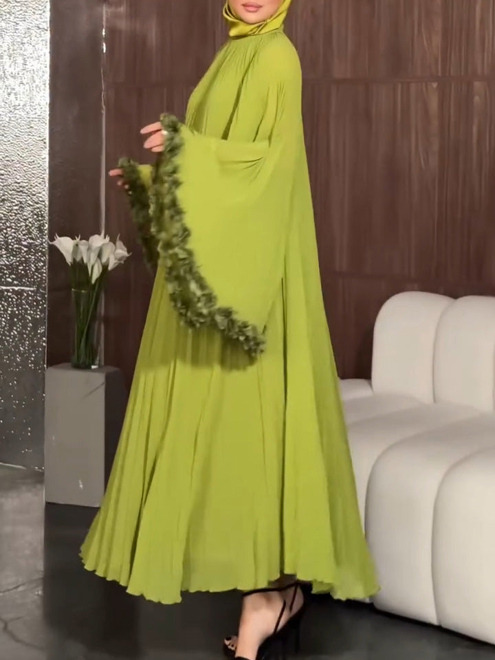 Elegant Pleated Floral Cuff Maxi Dress