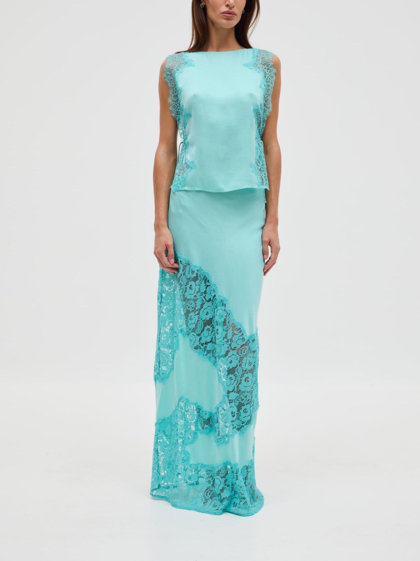 Elegant Lace Trim Sleeveless Satin Two-Piece Set