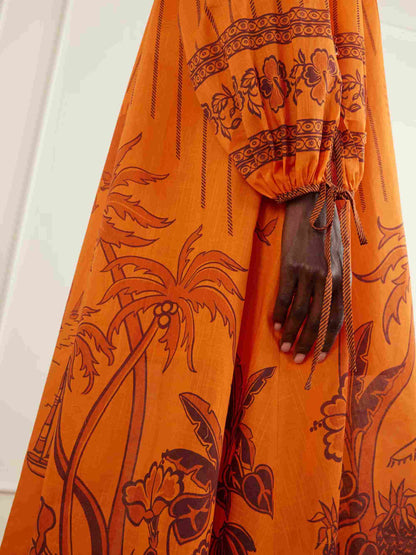 Retro Printed Tie-Neck Loose Maxi Dress
