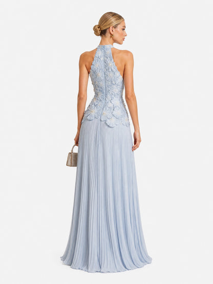 Elegant Halter Neck 3D Floral Appliqué Ruched Maxi Dress