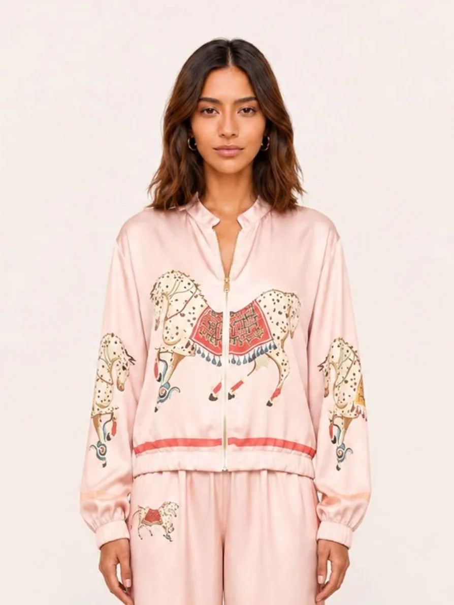 Exquisite Satin Horse Print Wide-Leg Pants